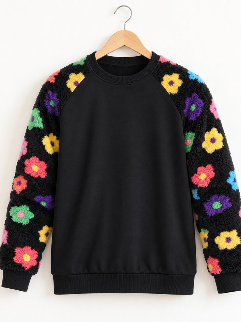 Men's L Black Floral Plush Sleeve Colourblock Crewneck Sweatshirt NWOT